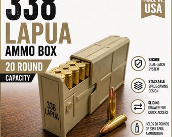 338 Lapua Ammo Box – 20 Round Stackable Storage Case (Made in USA)