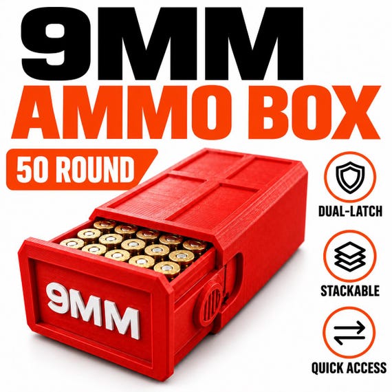 9MM Ammo Storage Box – 50 Round Stackable Case, Dual-Latch Organizer