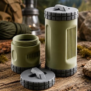 May include: A cylindrical olive green container with a dark gray textured base and a matching removable lid featuring a central handle. A smaller matching container section sits beside the taller unit, both displaying vertical ribbed detailing.