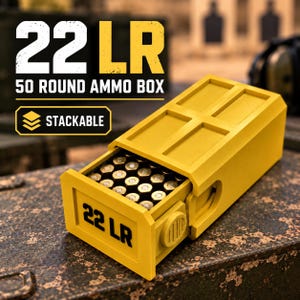 May include: A bright yellow, rectangular, stackable 50 round ammo box with a sliding drawer containing 22 LR cartridges. The front of the drawer is clearly labeled with the text 22 LR in black, and the box features a grid-like top design.
