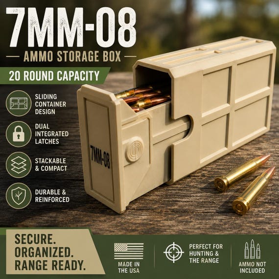 7mm-08 Remington Ammo Box | 20 Round Stackable Storage Case (3D Printed)