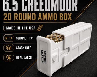 6.5 Creedmoor 20 Round Ammo Box, Sliding Tray, Stackable Storage Case (Made in USA)