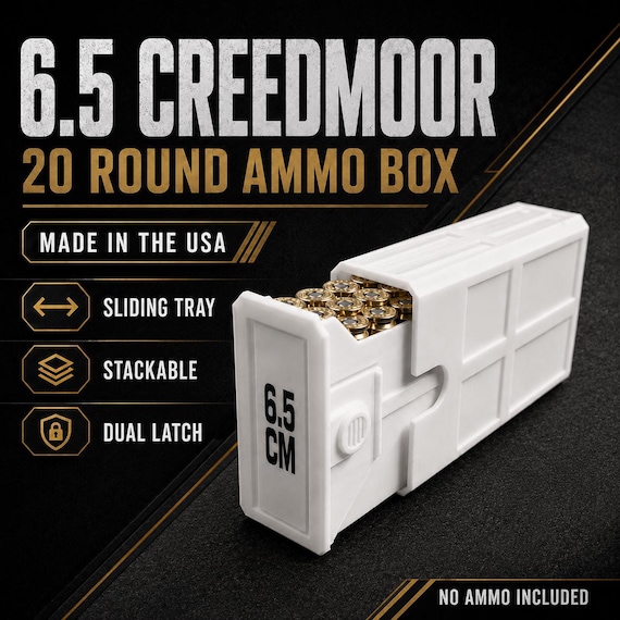 6.5 Creedmoor 20 Round Ammo Box, Sliding Tray, Stackable Storage Case (Made in USA)