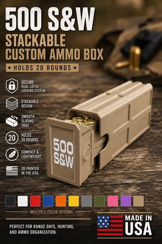 500 S&W Magnum  Ammo Pocket Storage Box – 20 Round Stackable Case, Dual-Latch Organizer