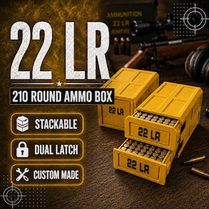 May include: Two yellow plastic 210 round ammo boxes for 22 LR cartridges. The boxes feature a stackable design with dual latches and are labeled 22 LR on the front. The text 22 LR and 210 ROUND AMMO BOX is displayed alongside icons for stackable, dual latch, and custom made.