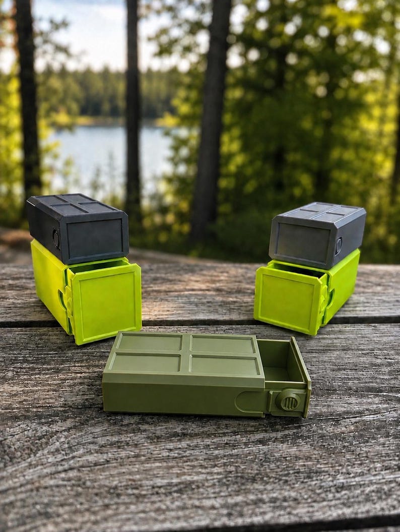 Pu&ograve; includere: Tre contenitori rettangolari con cassetti scorrevoli. Due contenitori sono verde lime con coperchi grigio scuro e uno &egrave; verde oliva. Ogni unit&agrave; presenta un motivo a griglia sulla superficie superiore e una piccola manopola circolare sul lato.