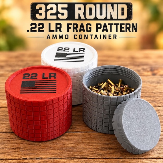 3D Printed 22 LR Ammo Cylinder – 325 Round Frag Storage Organizer, Screw-Top Range Box