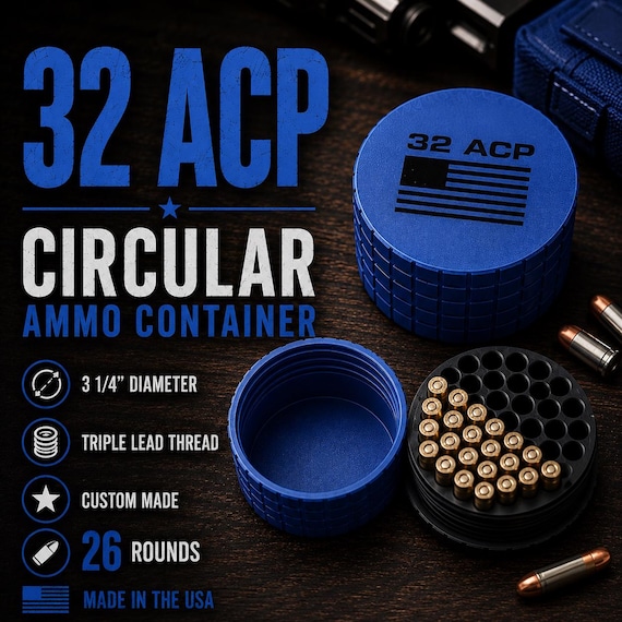32 ACP Circular Frag Pattern 26 Rounds Ammo Case, Quick-Twist Lid, Multiple Color Options