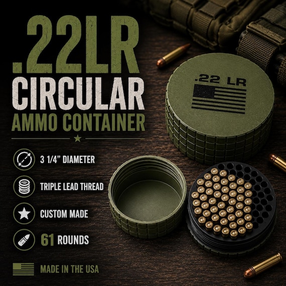 22LR Circular Frag Pattern 61 Rounds Ammo Case, Quick-Twist Lid, Multiple Color Options
