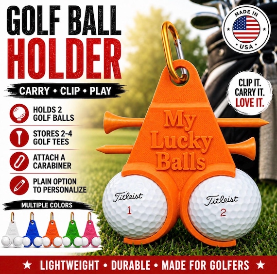 Golf Ball Holder Keychain, Holds 2 Balls, 2-4 Tees, Carabiner Clip, Personalized Option