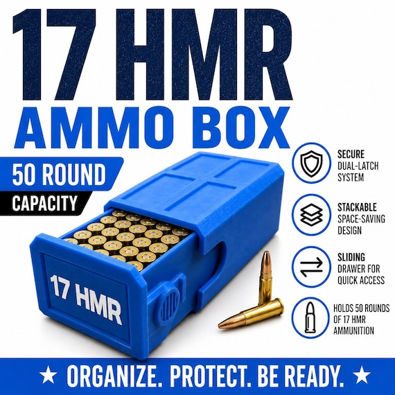 17 HMR Ammo Box – 50 Round Stackable Storage Case with Sliding Drawer
