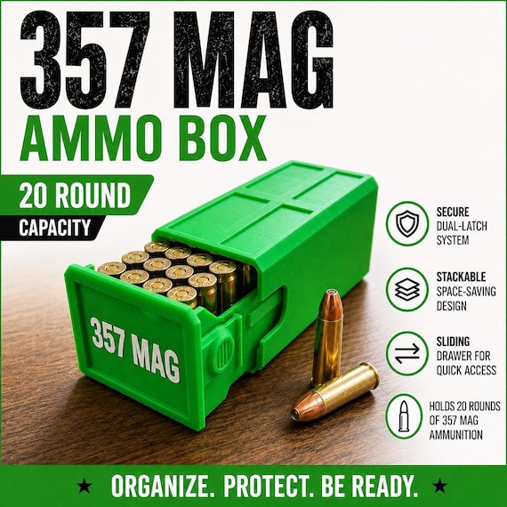 357 Magnum Ammo Box – 50 Round Stackable Storage Case, Sliding Drawer Organizer