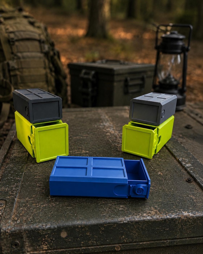 Pu&ograve; includere: Tre contenitori rettangolari con cassetti scorrevoli. Due contenitori presentano una sezione superiore grigio scuro con un cassetto verde lime brillante, mentre il terzo &egrave; interamente blu con un cassetto scorrevole e una manopola laterale.