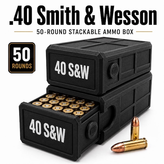 40 S&W Ammo Box – 50 Round Stackable Storage Case, Sliding Drawer Organizer