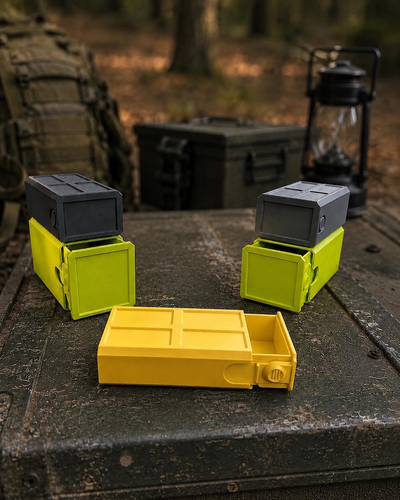 Pu&ograve; includere: Tre contenitori rettangolari con cassetti scorrevoli. Due contenitori sono impilati con coperchi grigio scuro e basi verde lime, mentre un contenitore giallo &egrave; posizionato in piano. Ogni unit&agrave; presenta un motivo a griglia sulla parte superiore.