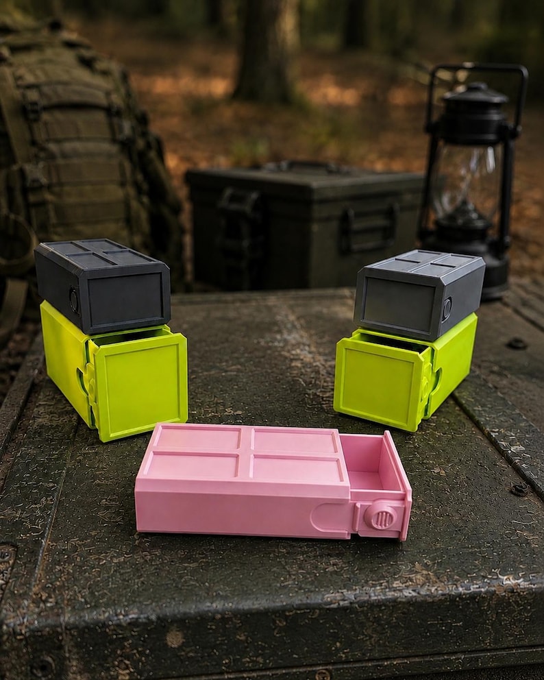 Pu&ograve; includere: Tre contenitori rettangolari con cassetti scorrevoli. Due unit&agrave; sono impilate con coperchi grigio scuro e basi verde lime. Un'unit&agrave; &egrave; posizionata orizzontalmente in primo piano, caratterizzata da un esterno rosa chiaro e una manopola laterale.