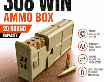 308 Winchester Magnum  Ammo Box | 20 Round Stackable Storage Case | Dual-Latch Ammo Holder