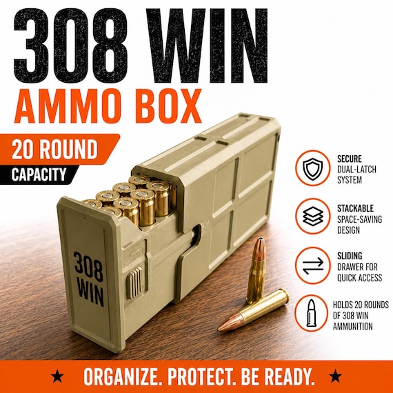 308 Winchester Magnum  Ammo Box | 20 Round Stackable Storage Case | Dual-Latch Ammo Holder