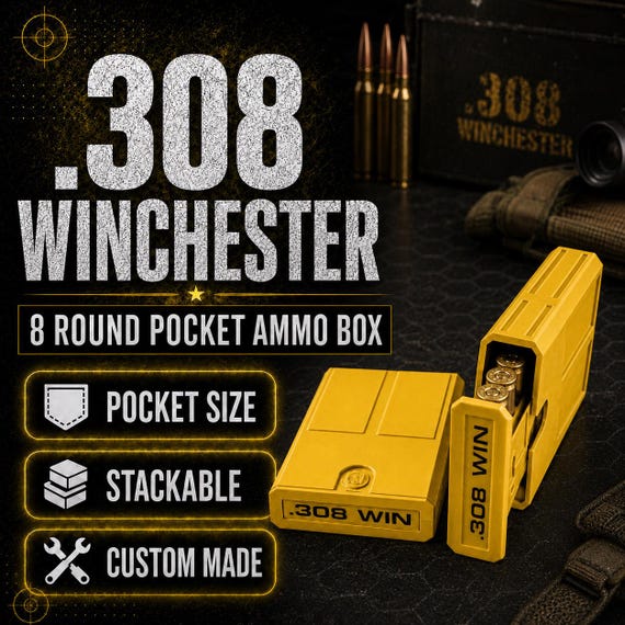 308 Winchester Magnum Pocket Ammo Box | 8 Round Stackable Storage Case | Dual-Latch Ammo Holder
