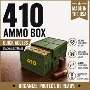 410 Ammo Box – 25-Round Shotshell Storage Case, Stackable Sliding Drawer, Made USA