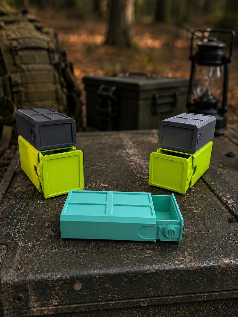 Pu&ograve; includere: Tre contenitori rettangolari con cassetti scorrevoli. Due contenitori sono impilati con coperchi grigio scuro e basi verde lime. Un contenitore turchese &egrave; posizionato in piano davanti. Ognuno presenta un motivo a griglia sulla parte superiore.