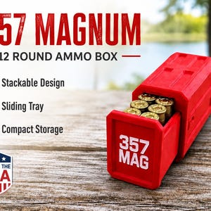 May include: A bright red 12-round ammo box for .357 Magnum cartridges featuring a sliding tray and stackable design. The box is labeled .357 MAGNUM and 357 MAG. Text includes Stackable Design, Sliding Tray, Compact Storage, and Made in the USA.