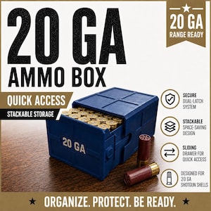 May include: A blue 20 GA ammo box with a sliding drawer containing shotgun shells. The box features text including 20 GA AMMO BOX, RANGE READY, QUICK ACCESS, STACKABLE STORAGE, SECURE DUAL-LATCH SYSTEM, and ORGANIZE. PROTECT. BE READY.
