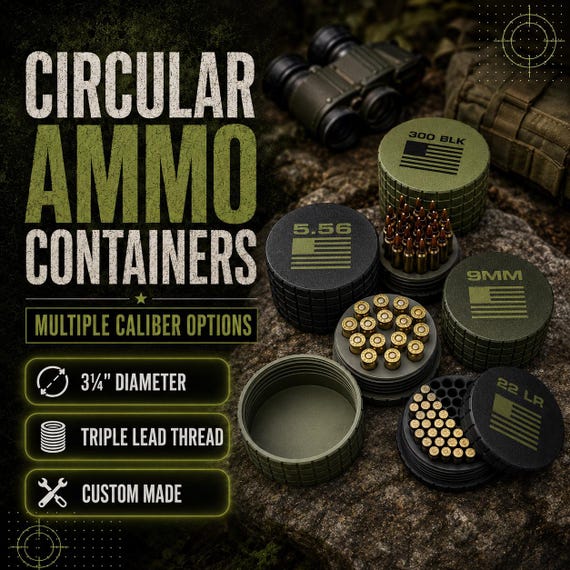 Ammo Storage Container, Circular Frag Pattern Case, Quick-Twist Lid, Multiple Caliber and Color Options