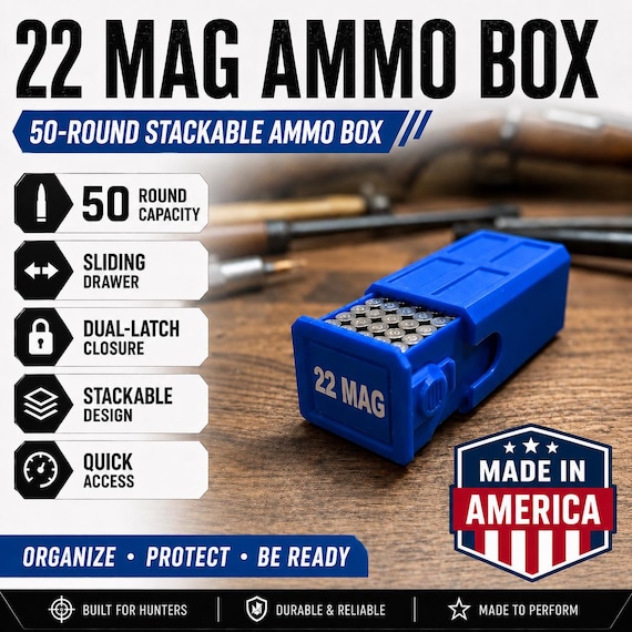 22 Magnum Ammo Box – 50 Round Stackable  Storage Case with Sliding Drawer, Dual Latches.