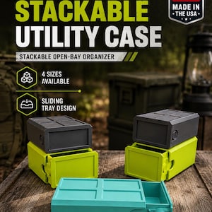 May include: Universal stackable utility case with a sliding tray design. The text reads: UNIVERSAL STACKABLE UTILITY CASE, STACKABLE OPEN-BAY ORGANIZER, 4 SIZES AVAILABLE, SLIDING TRAY DESIGN, MADE IN THE USA. Three rectangular cases in lime green, teal, and dark gray.