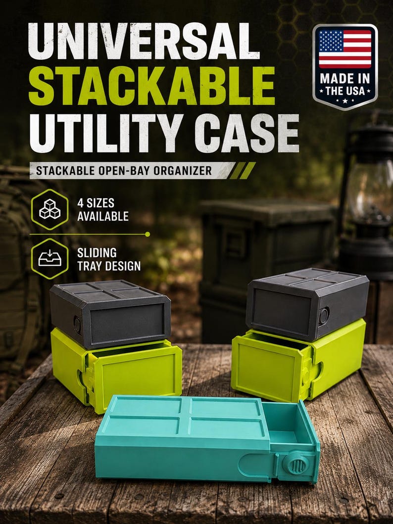 Pu&ograve; includere: Custodia multiuso impilabile universale con design a vassoio scorrevole. Il testo recita: UNIVERSAL STACKABLE UTILITY CASE, STACKABLE OPEN-BAY ORGANIZER, 4 SIZES AVAILABLE, SLIDING TRAY DESIGN, MADE IN THE USA. Tre custodie rettangolari in verde lime, verde acqua e grigio scuro.