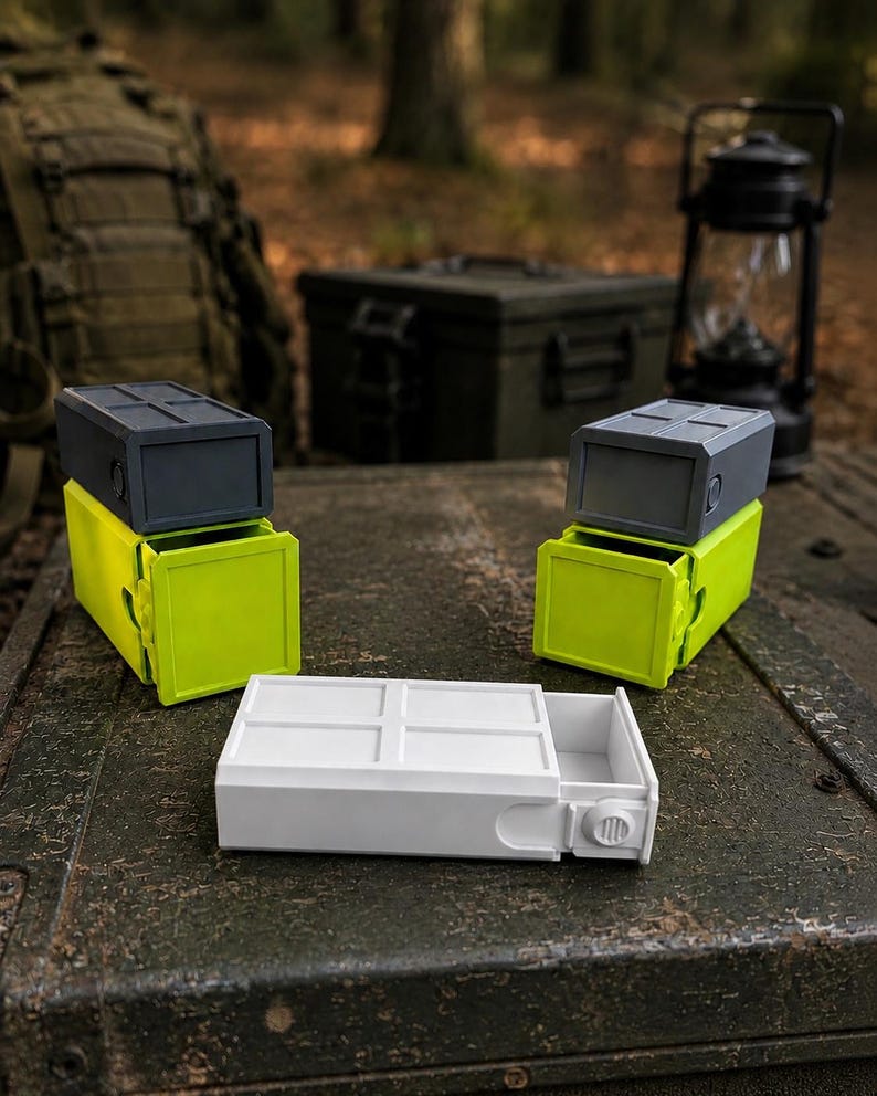 Pu&ograve; includere: Due contenitori rettangolari con cassetti scorrevoli verde lime e gusci esterni grigio scuro, posizionati in verticale. Un terzo contenitore bianco abbinato &egrave; appoggiato orizzontalmente in primo piano con un design a cassetto.