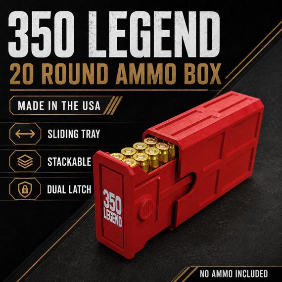350 Legend 20 Round Ammo Box, Stackable Sliding Case, Made in USA