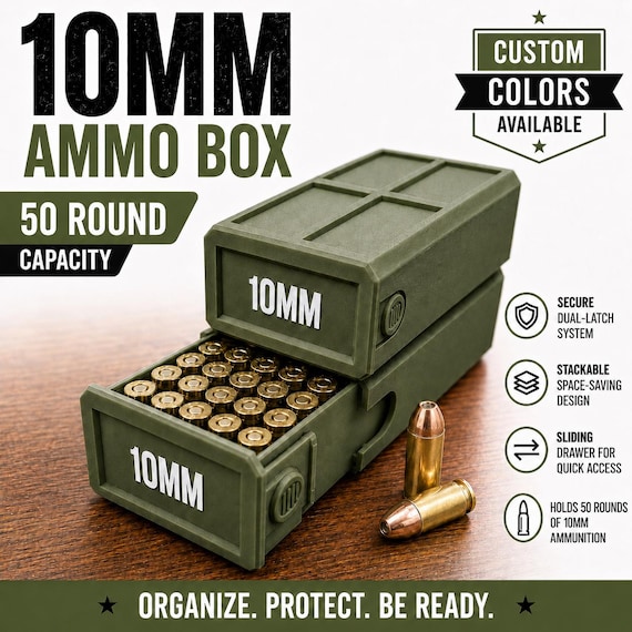 10MM Ammo Storage Box – 50 Round Stackable Case, Secure Latches, Personalized Colors