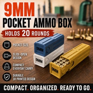 May include: Three rectangular 9mm pocket ammo boxes in blue, white, and yellow, each featuring a slide-open design. The yellow box is partially open, revealing 20 brass-cased rounds inside. Each box is labeled with 9MM text on the end cap.