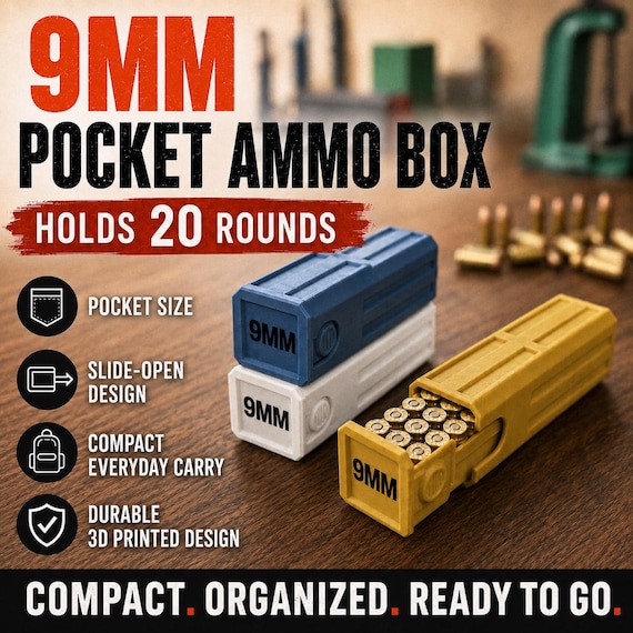 9MM Ammo Pocket Storage Box – 20 Round Stackable Case, Dual-Latch Organizer