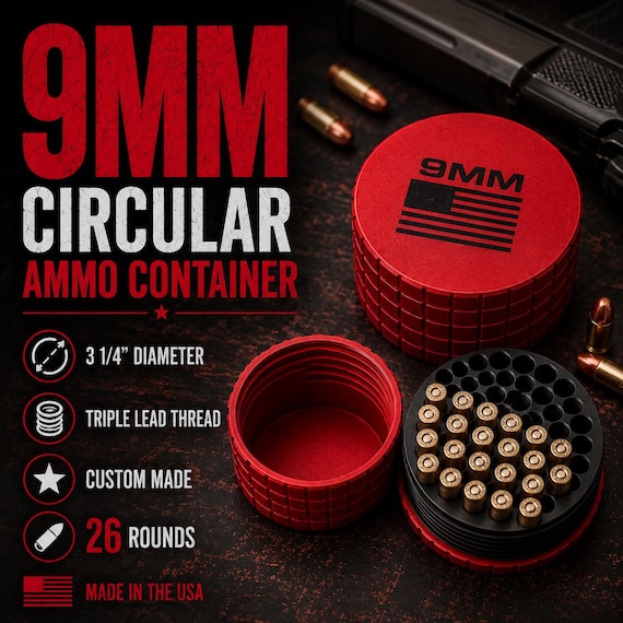 9MM Circular Frag Pattern 26 Rounds Ammo Case, Quick-Twist Lid, Multiple Color Options