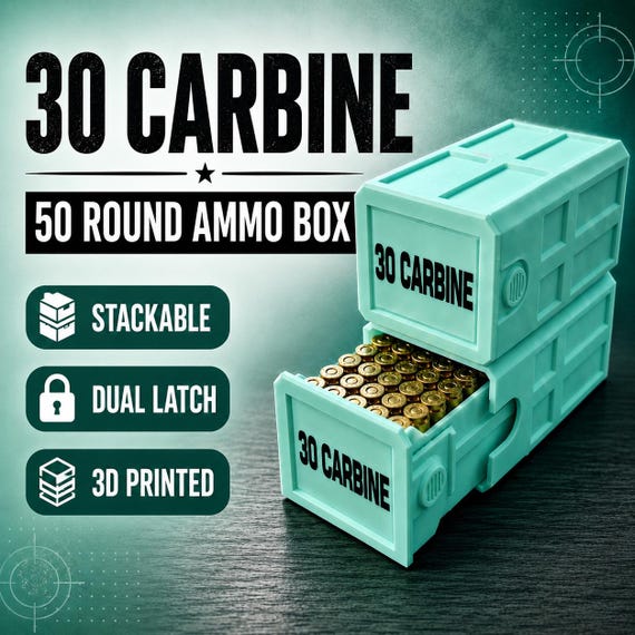 30 Carbine 50 Round Ammo Box – Stackable, Dual Latch,  Storage Case, Custom Colors
