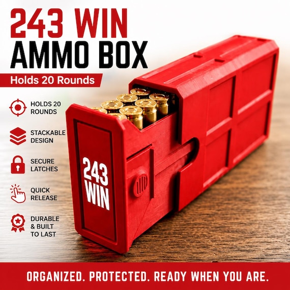 243 Winchester Ammo Box – 20-Round Stackable Sliding Ammunition Storage Case, 3D-Printed Range & Hunting Organizer