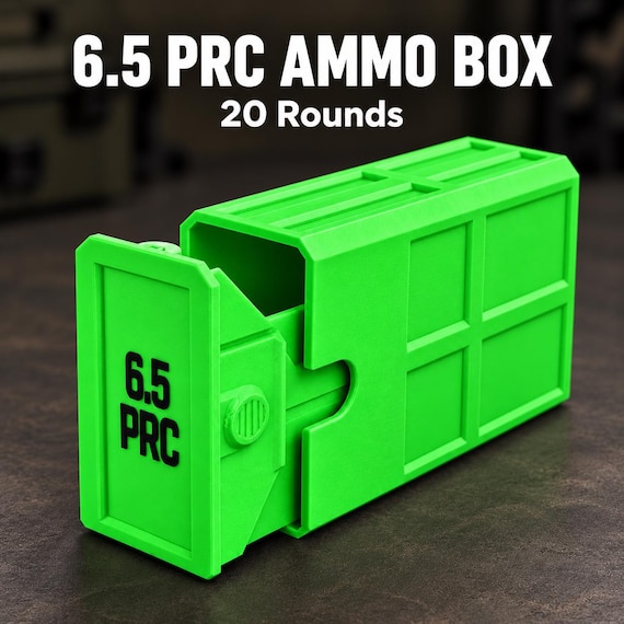 6.5 PRC Ammo Box – 20 Round Stackable Ammunition Storage Case, Sliding Lid, Multiple Colors
