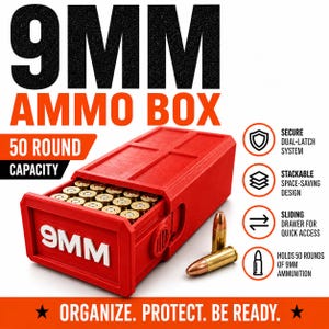May include: A red 9mm ammo box with a sliding drawer containing 50 brass-cased rounds. The box features the text 9MM on the front, a secure dual-latch system, and a stackable design. Two loose 9mm cartridges are positioned next to the box.