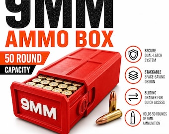 9MM Ammo Storage Box – 50 Round Stackable Case, Dual-Latch Organizer