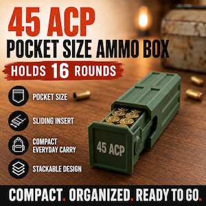 May include: An olive green plastic ammo box for 45 ACP ammunition with a sliding insert that holds 16 rounds. The box features the text 45 ACP on the front face. The design is compact, pocket-sized, and stackable for organized storage.