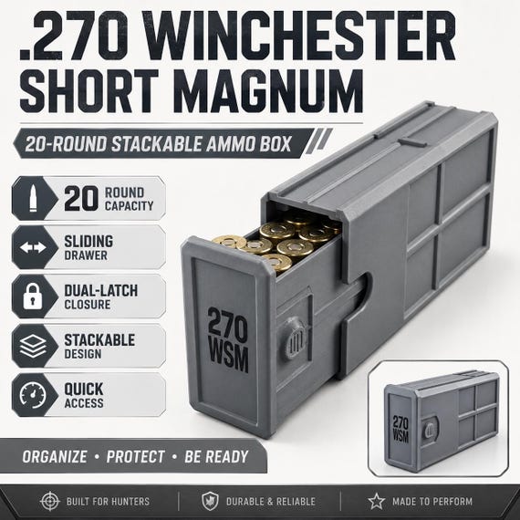 270 WSM Ammo Box – 20 Round Stackable Storage Case, Sliding Drawer, Dual Latches