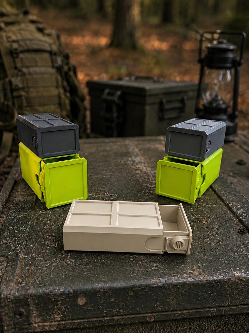 Pu&ograve; includere: Tre contenitori rettangolari con cassetti scorrevoli. Due contenitori presentano una base verde lime con un coperchio grigio scuro, mentre il terzo &egrave; di colore beige. Ogni unit&agrave; ha una parte superiore con motivo a griglia e una piccola manopola.