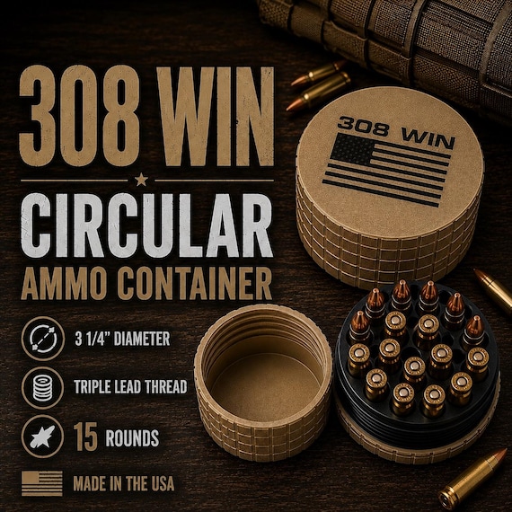 308 WIN Circular Ammo Container, Frag Pattern, 15 Rounds, Quick-Twist Lid, Multiple Colors