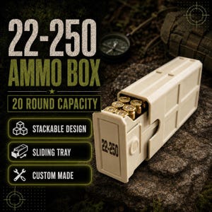 May include: A beige plastic 22-250 ammo box with a sliding tray and a 20 round capacity. The box features a stackable design and is labeled 22-250 on the front. The text on the image reads 22-250 AMMO BOX, 20 ROUND CAPACITY, STACKABLE DESIGN, SLIDING TRAY, CUSTOM MADE.