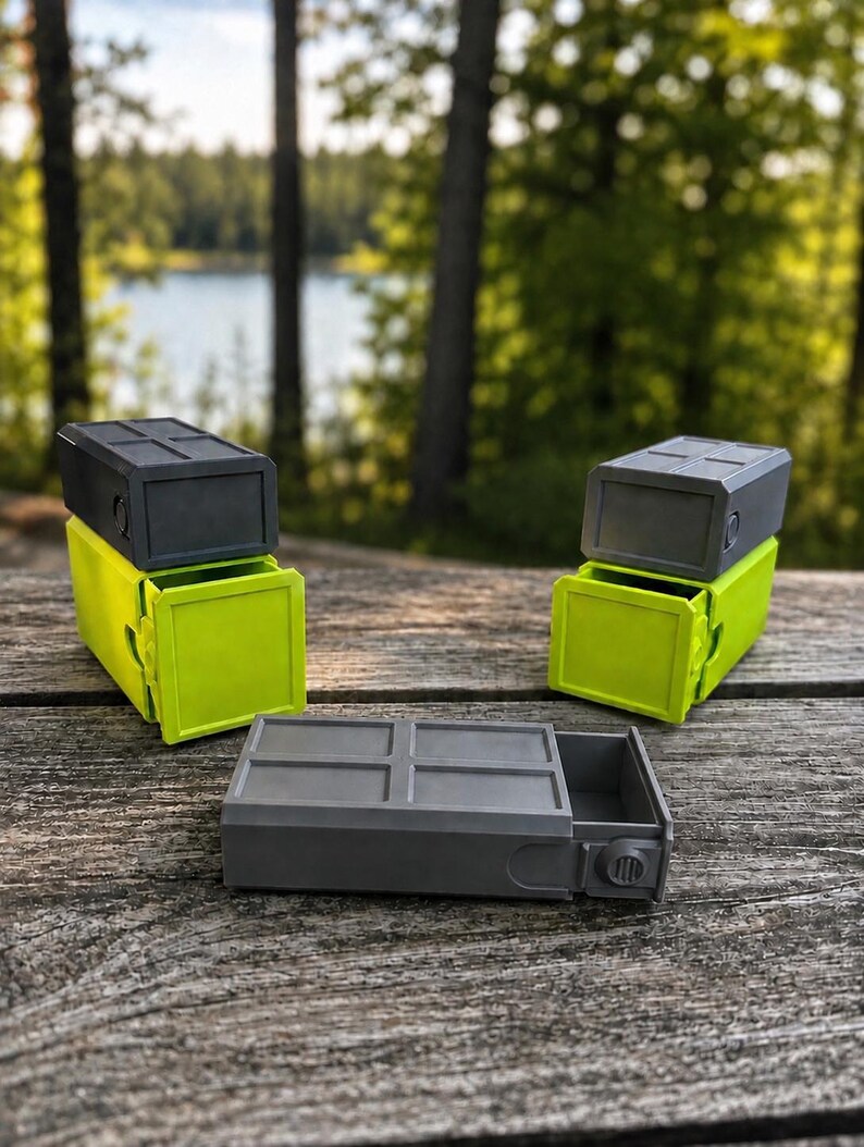 Pu&ograve; includere: Tre contenitori rettangolari con cassetti scorrevoli. Due contenitori sono verde lime con coperchi grigio scuro, posizionati verticalmente. Un contenitore &egrave; grigio scuro con coperchio abbinato, posizionato orizzontalmente in primo piano.