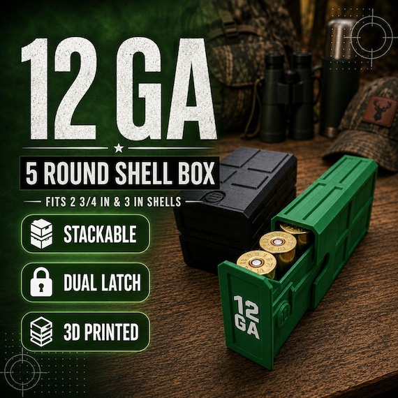 12 Gauge Hunting Ammo Box – 5 Round Shotgun Shell Holder, Stackable Storage Case. Custom Colors.