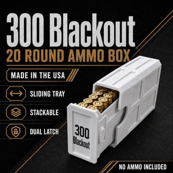 300 Blackout Ammo Box, 20-Round Stackable Ammunition Storage Case. Custom Colors